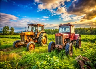Obraz premium Abandoned Vintage Tractors Parked in a Field