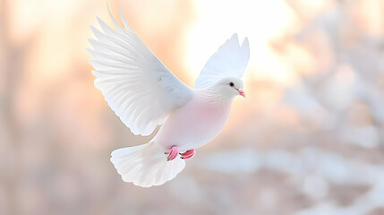 Fototapeta premium White dove flying with wings spread wide against a soft winter background illuminated by warm golden sunlight.