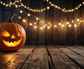 Fototapeta premium Carved pumpkin on weathered wooden planks surrounded by twinkle lights, Halloween decor, spooky ambiance