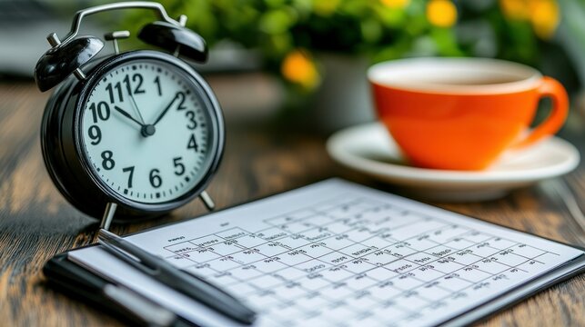 Morning schedule, alarm clock, calendar, coffee, office desk