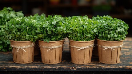 Fresh Cilantro in Rustic Pots: A Vibrant Green Harvest