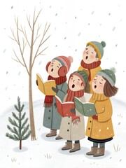 Fototapeta premium Children Christmas Carolers Singing in Snowy Winter Scene