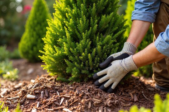 Gardener applying mulch around young evergreen tree