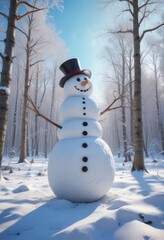 Obraz premium Cheerful snowman in the middle of a serene winter forest with bare trees and a bright blue sky , snowy background, snowman scenery