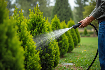 Watering green shrubs with a garden hose in a landscaped yard