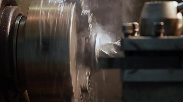 lathe spindle rotating, metal processing, close-up, loop