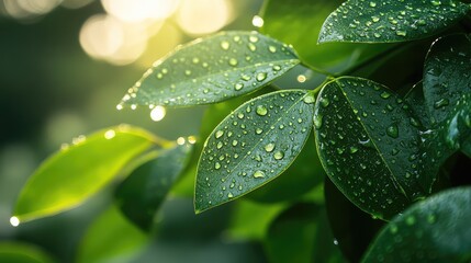 Fototapeta premium Captivating Crisp Morning Dew Adorning Lush Green Foliage in a Tranquil Natural Setting