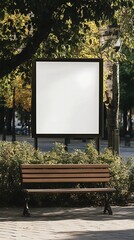 A blank advertising board in a park setting with a bench nearby.
