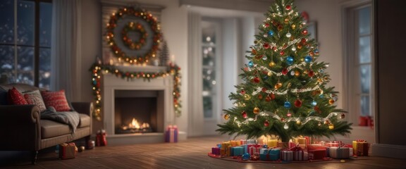 Fototapeta premium Christmas tree with colorful ornaments and garlands , festive, garlands