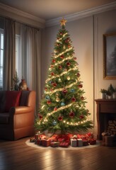 Christmas tree with ornaments and lights in a festive room,  Interior,  Lights