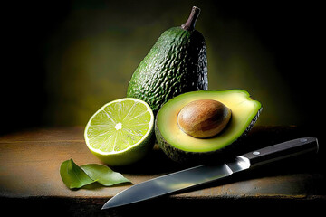 Avocado anf lime still life, food photography, chiaroscuro lighting style.