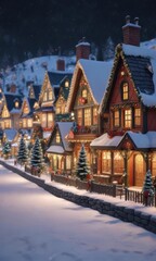 Fototapeta premium Christmas village with decorated houses and snow, snowy village, frozen lake