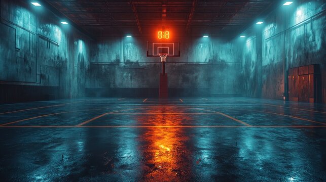 Neon Basketball Court in Abandoned Warehouse - Powered by Adobe