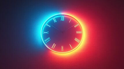 Neon clock face, vibrant colors, split time concept, dark background