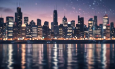 Fototapeta premium Cityscape at dusk with abstract circular bokeh lights on a blue background, , evening atmosphere