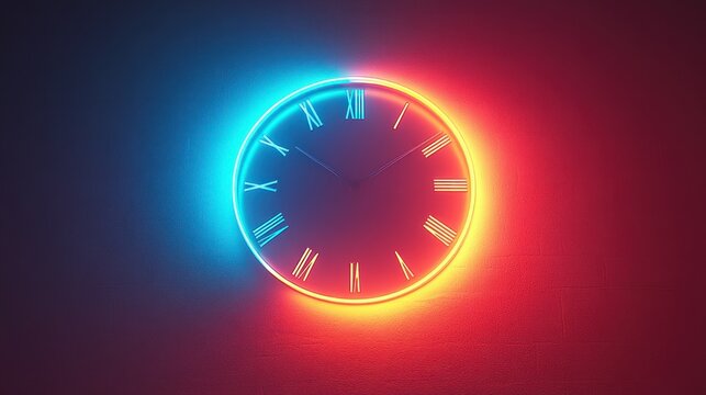 Neon clock face, vibrant colors, split time concept, dark background
