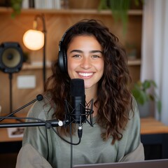Smiling woman podcasting home studio, plants blurred background