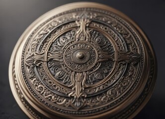 Close-up of a circular pin badge with intricate patterns and textures,  textures,  badge