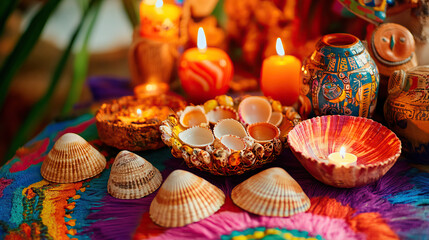 Vibrant and Colorful Altar Decorated with Shells and Candles for a Memorable Celebration