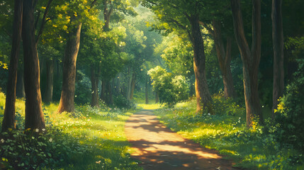 Fototapeta premium Lush Vibrant Forest Path Inviting Exploration Deeper Into the Greenery With Sunlight Filtering Through Leaves. Generative AI