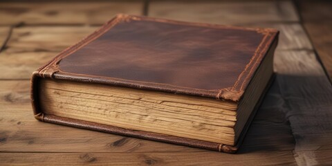 Close-up of an old book on a wooden table, yellowed pages and worn leather binding,  classic novel,  leather binding