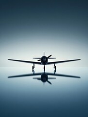 Clear silhouette of an airplane in a minimalist setting with dramatic lighting and reflections. Generative AI