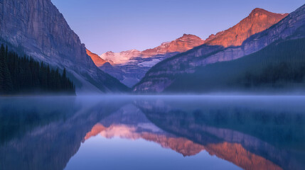 Fototapeta premium Majestic Mountain Range Reflects in Tranquil Waters at Dawn Near a Serene Lake. Generative AI