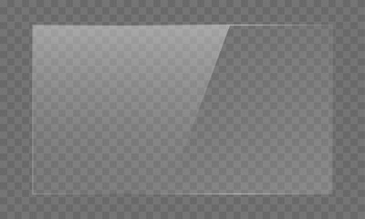 Clear, high-gloss acrylic sheet. Transparent plastic panel. Realistic glare and reflections on a transparent surface. Ideal for displaying items or designs. Vector illustration. 