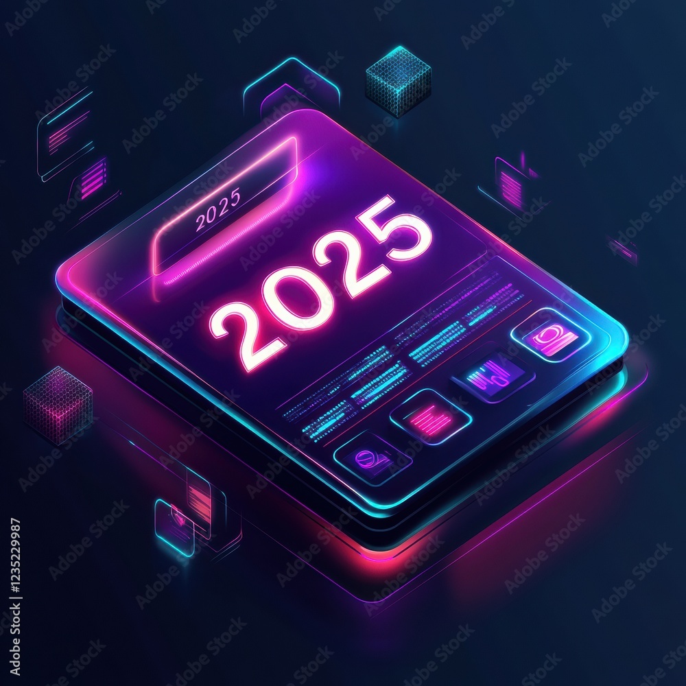 Poster futuristic digital calendar for the year 2025 with vibrant colors and sleek design. generative ai
