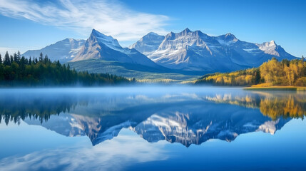 Majestic Mountain Range Reflected in Tranquil Lake With Surrounding Forests on a Clear Sunny Day. Generative AI