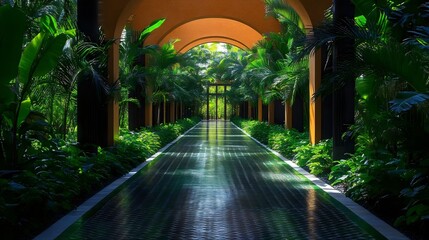 Obraz premium A long, narrow walkway with a pool of water in the middle