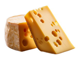 A wedge of aged cheese, showcasing a slice, rendered with transparency.