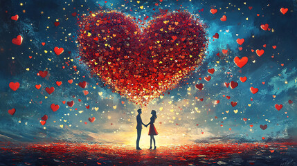 Obraz premium Romantic Couple Standing Under a Glowing Heart-Shaped Tree, Dreamy Fantasy Scene with Floating Red Petals and Magical Atmosphere