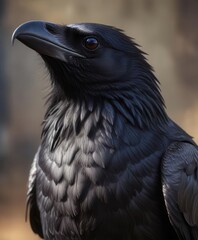 Fototapeta premium Close-up portrait of a majestic crow with feathers spread wide, avian, close-up
