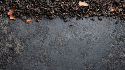 Obraz premium Top View of Loose Black Tea Leaves on a Dark Rustic Surface