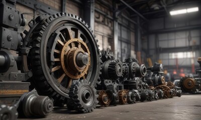 Collection of gears and machinery parts in a warehouse,  maintenance,  storage
