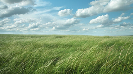 Prairie with Tall Grasses: A vast expanse of tall grasses swaying in the wind under a big sky.