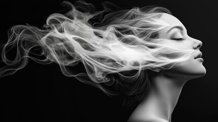 Obraz premium This captivating monochrome image showcases a serene woman with flowing smoke seamlessly integrated into her hair, symbolizing tranquility and artistic expression.
