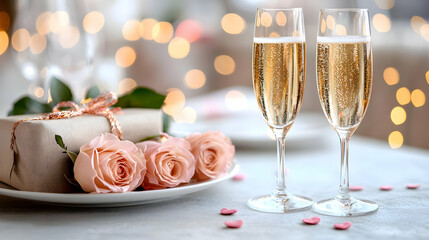 Romantic dinner champagne, roses, gift