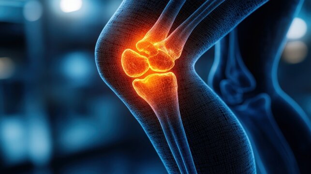 Painful knee joint, medical illustration, clinic background