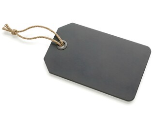 3D blank price tag with a matte surface, connected to a rustic twine string, isolated on a stark white background, with soft lighting highlighting its edges create with ai