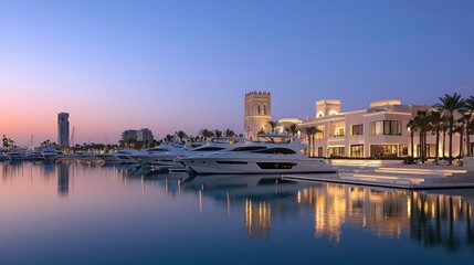 Obraz premium Luxury Yachts Docked at Twilight Near Modern Building