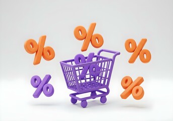 3D floating sale percent symbols in vibrant orange and purple, dropping into a shopping cart, isolated on a white background, with a transparent shopping cart design create with ai