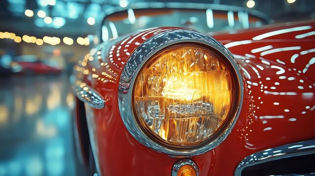 A red car with a yellow headlight is shown in a dimly lit room