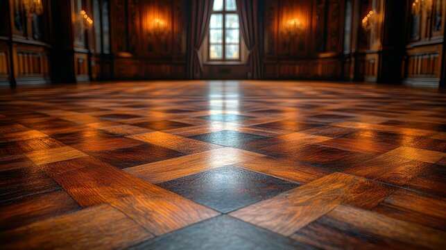 Polished parquet floor in grand hall with ornate walls and window