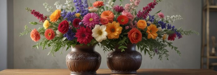 Fototapeta premium Colorful floral arrangement in a vintage vase , retro, roses