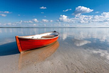 Red Rowboat on Calm Beach Water Under Bright Sunny Sky