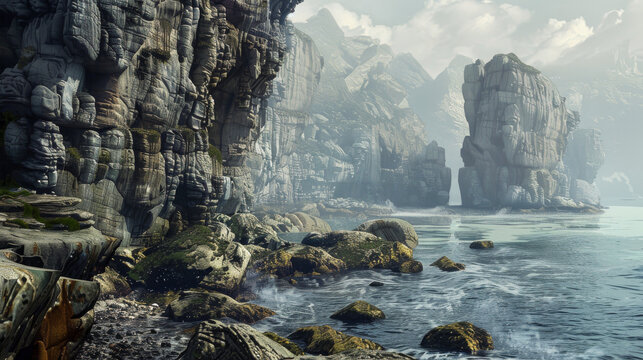 Rocky Shoreline - Rugged rocks and cliffs along the shoreline. 