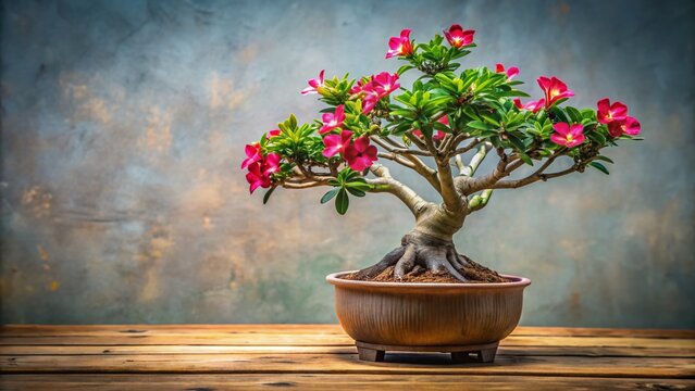 Adenium arabicum Bonsai:  Succulent Plant in Pot, Left Composition, Copy Space