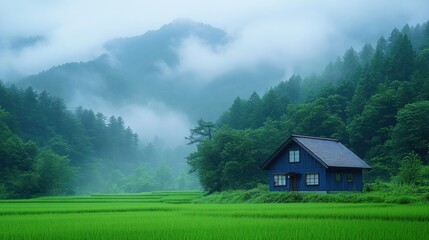 Fototapeta premium Blue house, misty mountain rice paddy